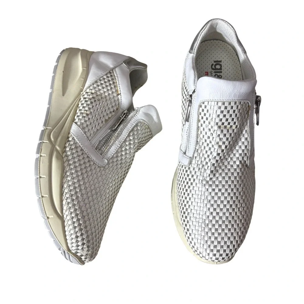 Igi&Co Woven Leather White Metallic Comfort Sneakers‎ Italy sz 9
